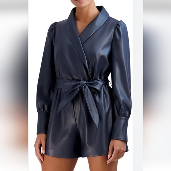 BCBGeneration womens Long Sleeve Surplice Neck Collar Faux Leather Romper coat - Picture 1 of 5